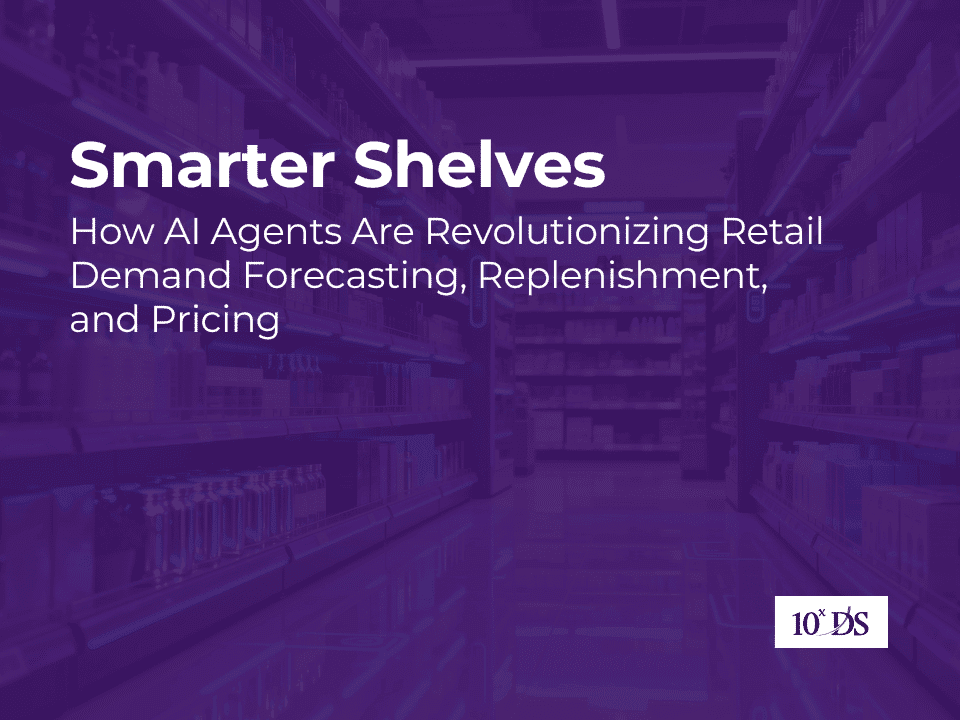 Shopper using a smartphone in a modern grocery aisle, with digital price tags and a shelf displaying a 'AI Assistant…