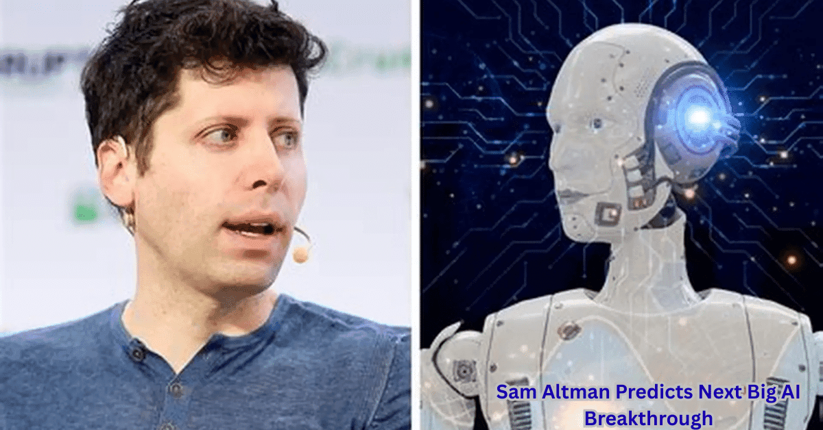 Sam Altman speaking at a tech conference, gesturing toward a futuristic AI visualization on a large screen behind him