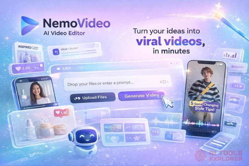 A video editor at a computer screen showing AI-generated timeline cuts and transitions, with a text prompt field visible