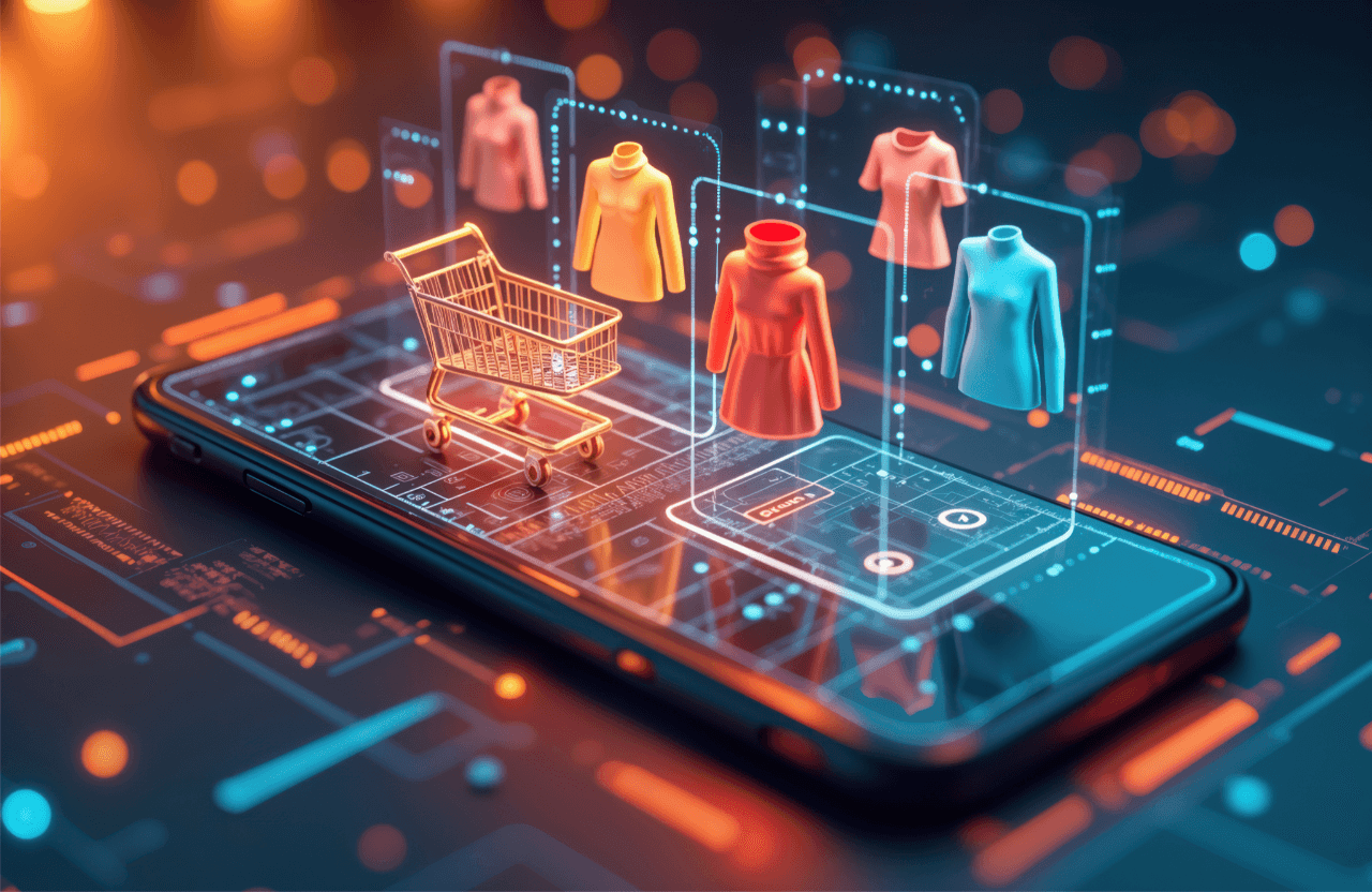 Clothing shoppers in a store ignore a digital screen showing AI fashion recommendations while browsing racks of clothes