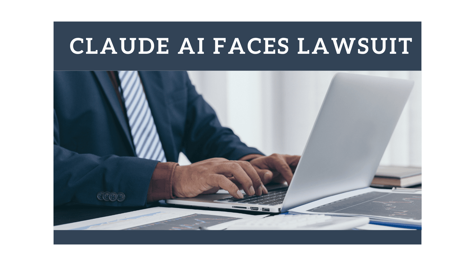 A gavel on a wooden desk next to a laptop displaying a glowing AI brain icon, symbolizing a legal dispute over…