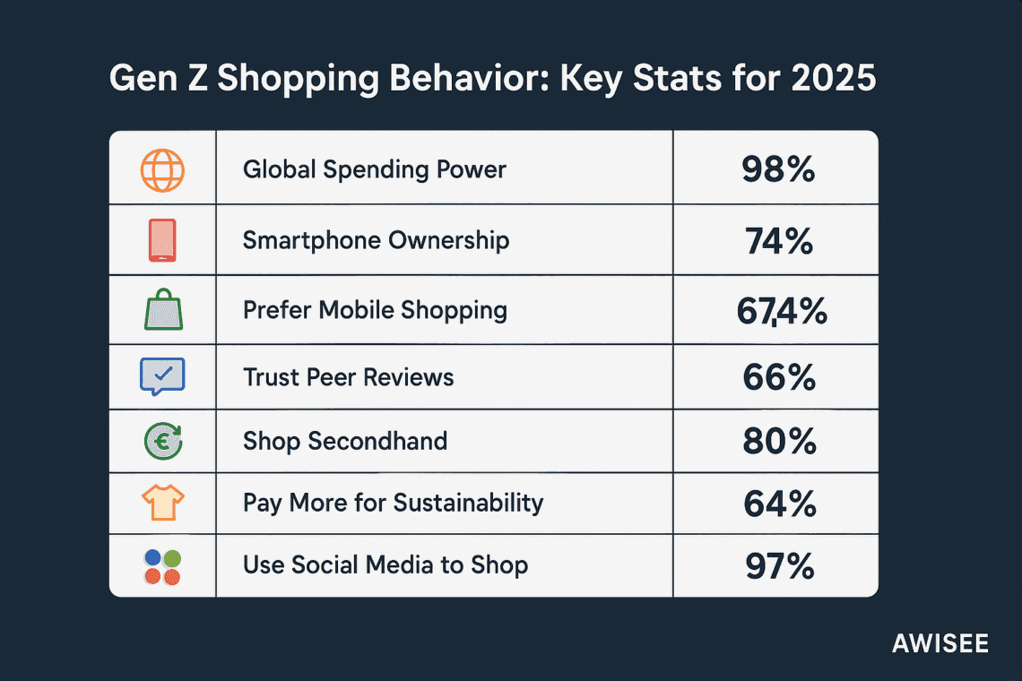 A young Gen Z shopper uses a smartphone with an AI shopping agent interface, surrounded by digital product…