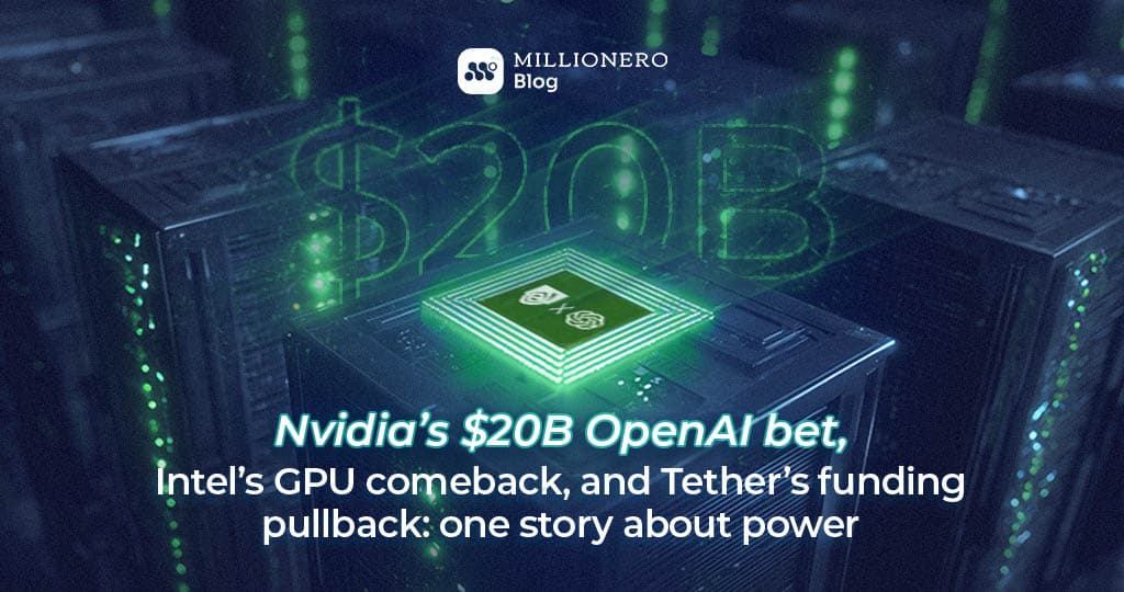 Jensen Huang holding a GPU chip at a press event, with financial charts and AI data streams displayed on a screen…