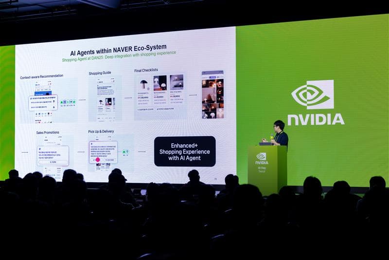 Nvidia CEO Jensen Huang shaking hands with Naver executives at a tech conference, with a digital display of AI data…