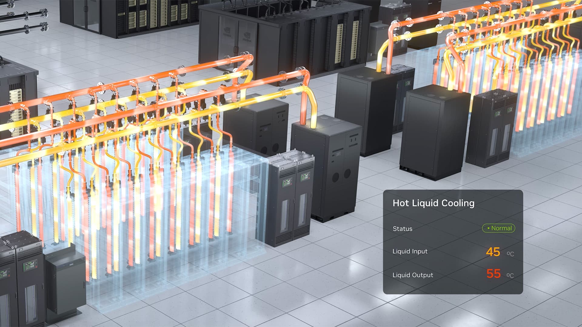 A rack of Nvidia Rubin servers with glowing blue liquid cooling tubes, no visible fans, in a modern data center with…