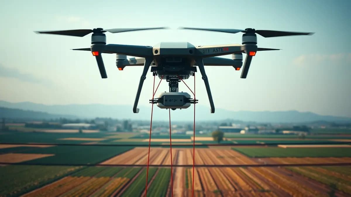 A robotic arm on a telescopic boom works on a live high-voltage power line against a bright sky, with a drone…