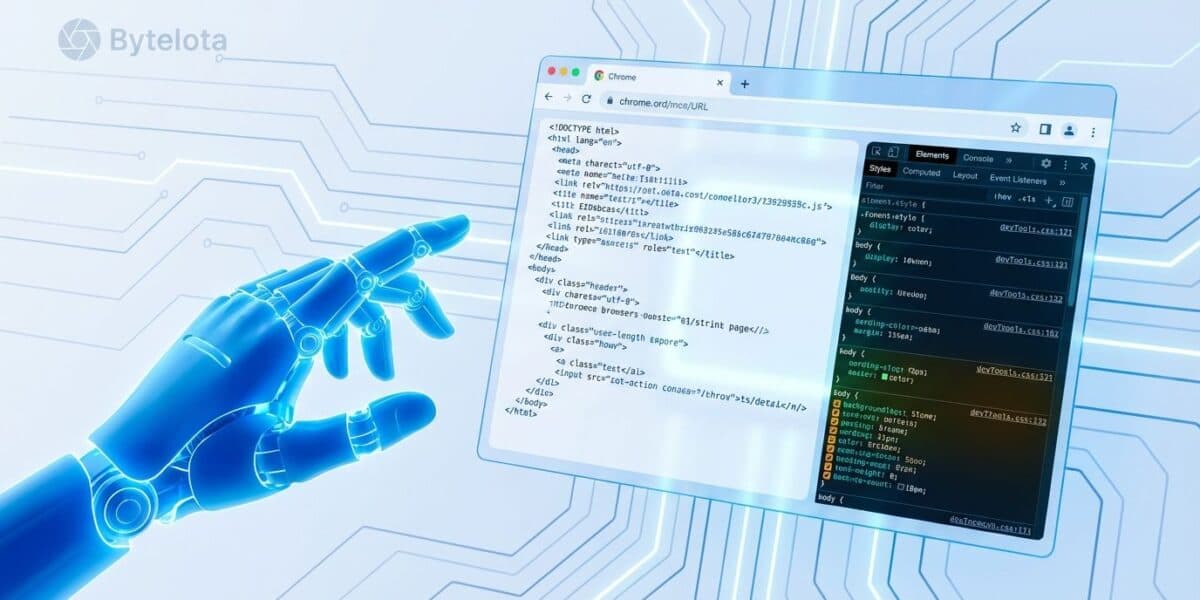 Chrome DevTools interface open on a laptop screen with AI code suggestions overlay, developer hands typing on keyboard