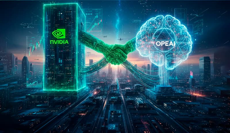 Nvidia CEO Jensen Huang and OpenAI CEO Sam Altman shaking hands at a tech summit, with a backdrop of glowing server…