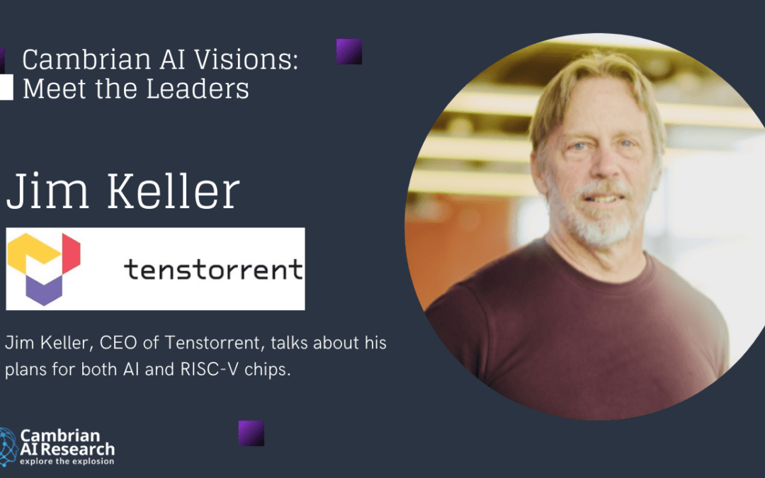 Jim Keller stands beside a Tenstorrent BlackHole AI chip diagram, explaining its scaling for inference workloads to…