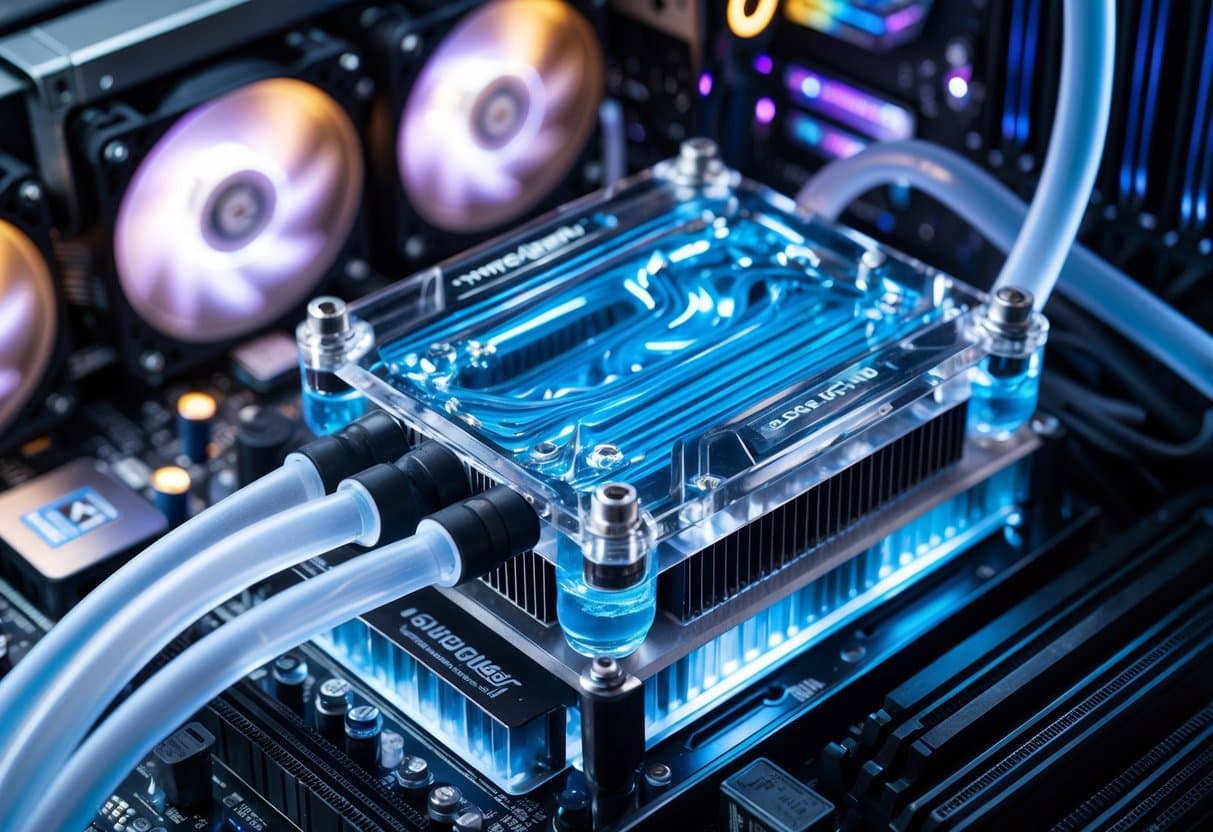 A data center technician inspects liquid cooling pipes and coolant distribution units connected to high-density…