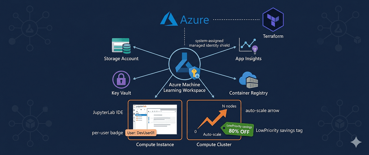 A diagram showing Terraform provisioning an Azure ML workspace, with icons for Azure services and code blocks