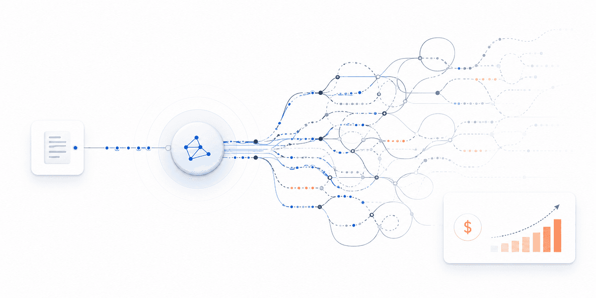 A complex flowchart of AI pipeline nodes and cost arrows, with magnifying glass highlighting hidden token fees