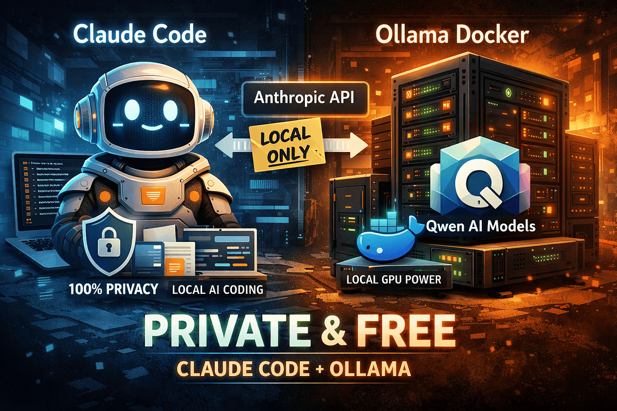 Developer at a terminal running local AI coding assistant with Ollama, showing code editor and command line…