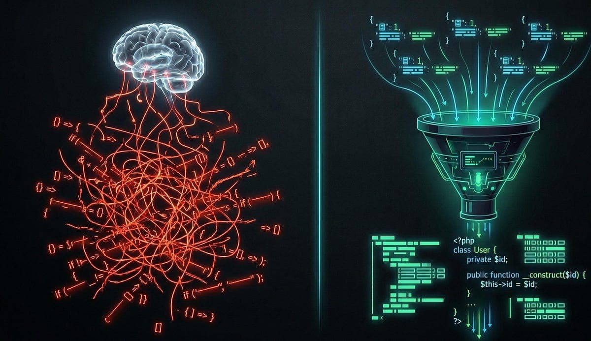 Developer at a desk with dual monitors displaying code and a JSON file, editing a structured prompt for a fine-tuned…