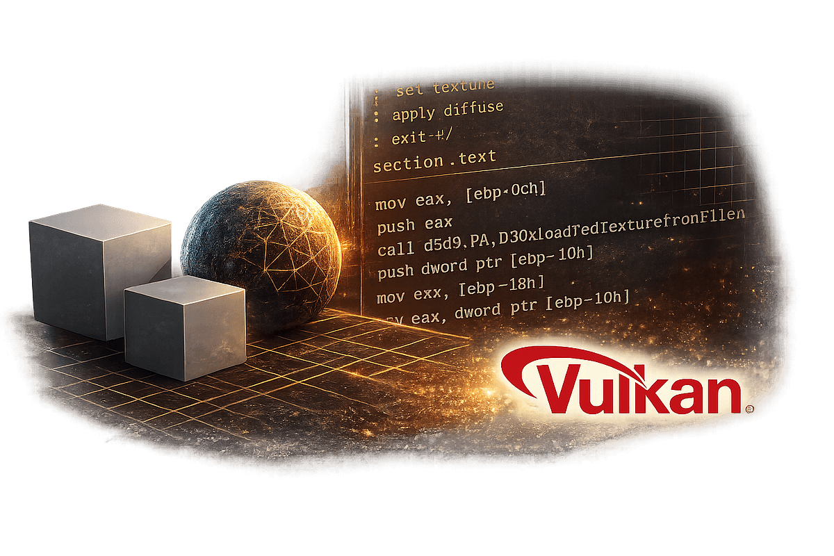 A developer at a desk writing code on a laptop with a 3D wireframe cube and particle effects rendered on the screen…