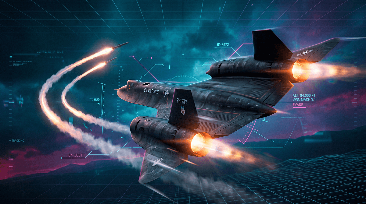 An SR-71 Blackbird jet flies through a 3D maze in a Unity simulation, dodging a missile launcher as a hybrid AI…