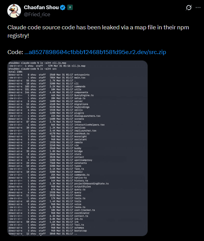 A developer’s terminal window displays dense TypeScript code from Claude Code’s leaked source, with a large file…