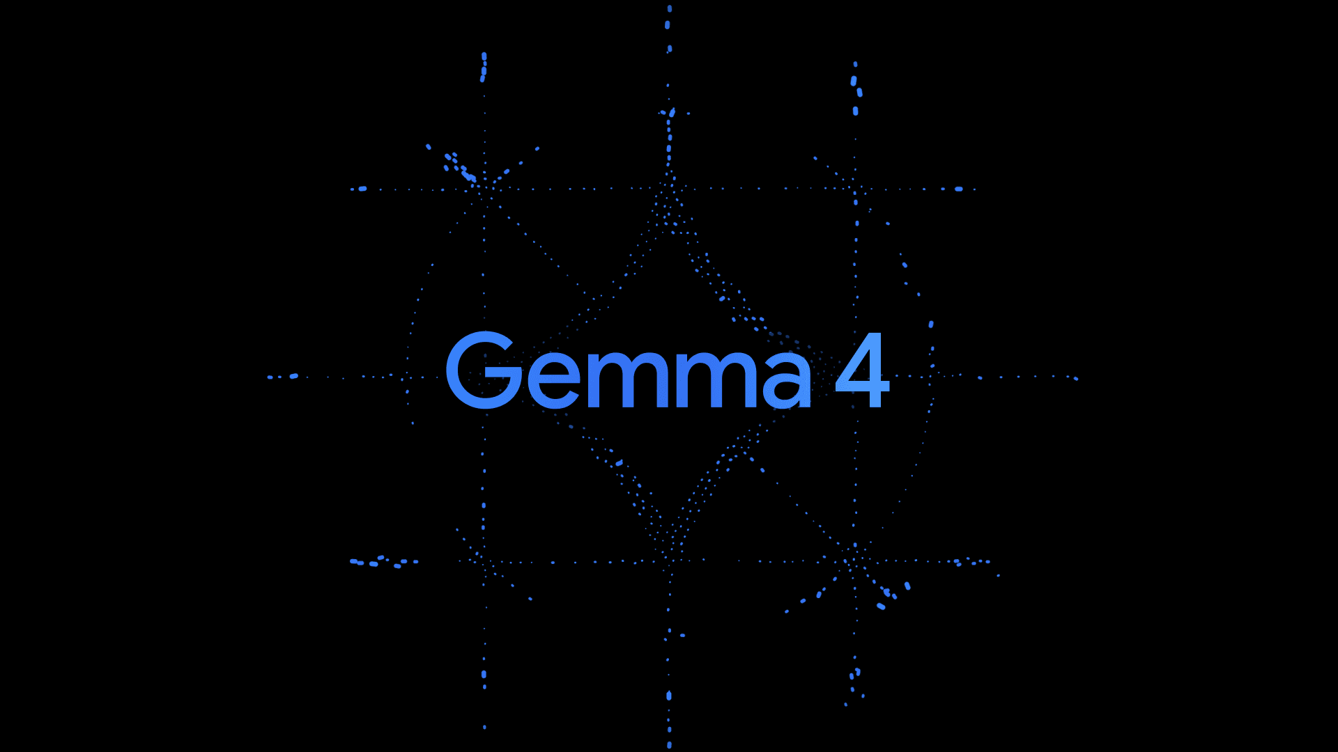 Dark background with glowing blue geometric patterns and 'Gemma 4' text, suggesting AI model processing on server…