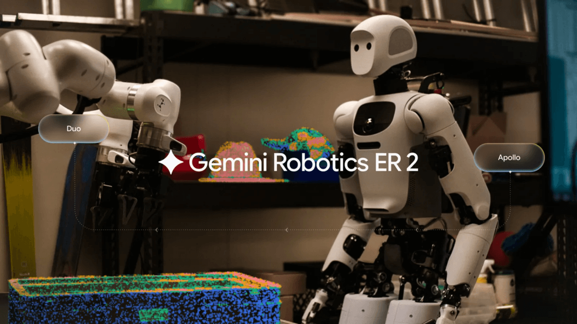 A humanoid robot arm assembling electronic components on a lab bench, with a screen displaying video frames and…