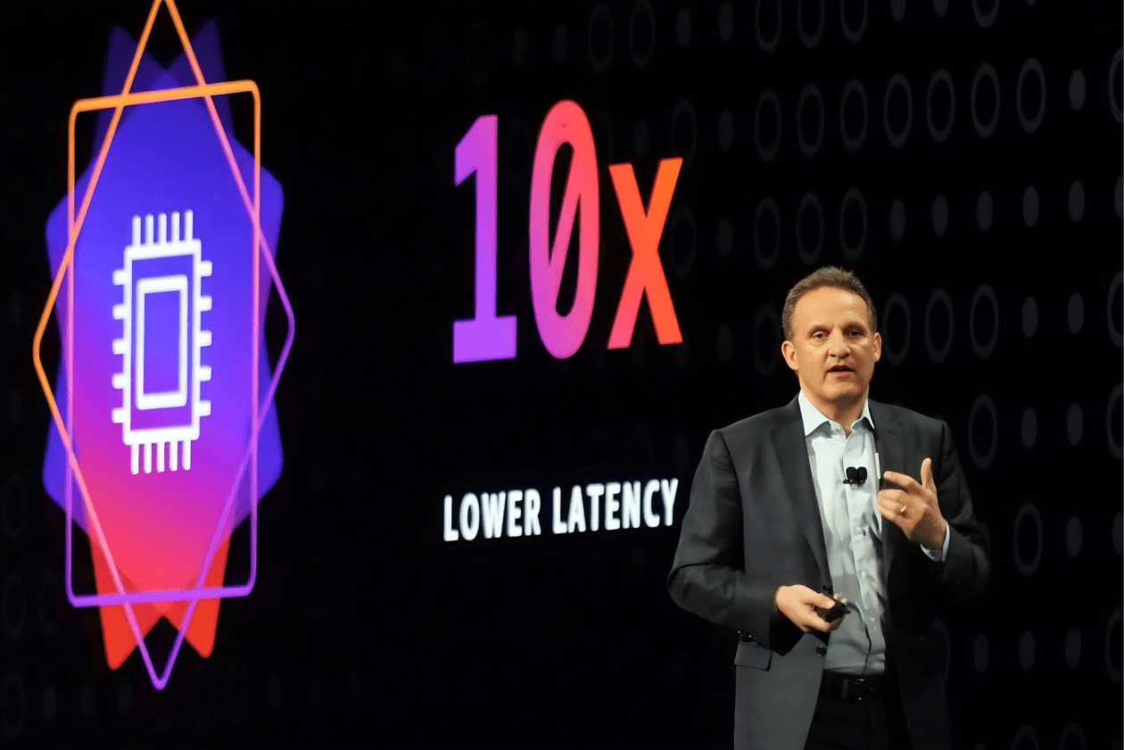 Former AWS CEO Adam Selipsky in a suit, speaking at a podium with a data center backdrop, now leading a $10 billion…