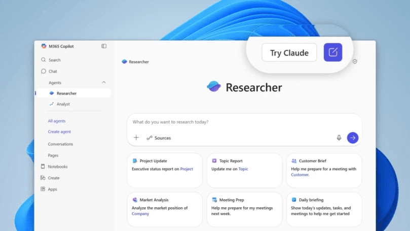 Microsoft Copilot Researcher interface showing a two-model system with GPT drafting and Claude auditing, alongside a…