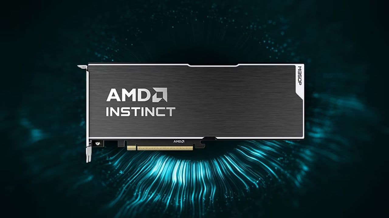 AMD MI350P PCIe AI accelerator card with dual-slot design and large heatsink, positioned alongside Nvidia H200 NVL…