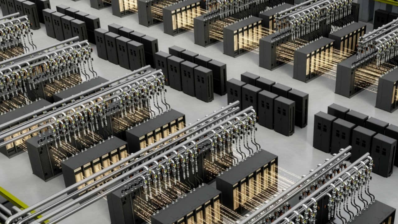 A futuristic rendering of a sprawling Japanese AI factory complex with rows of server racks, glowing blue lights…