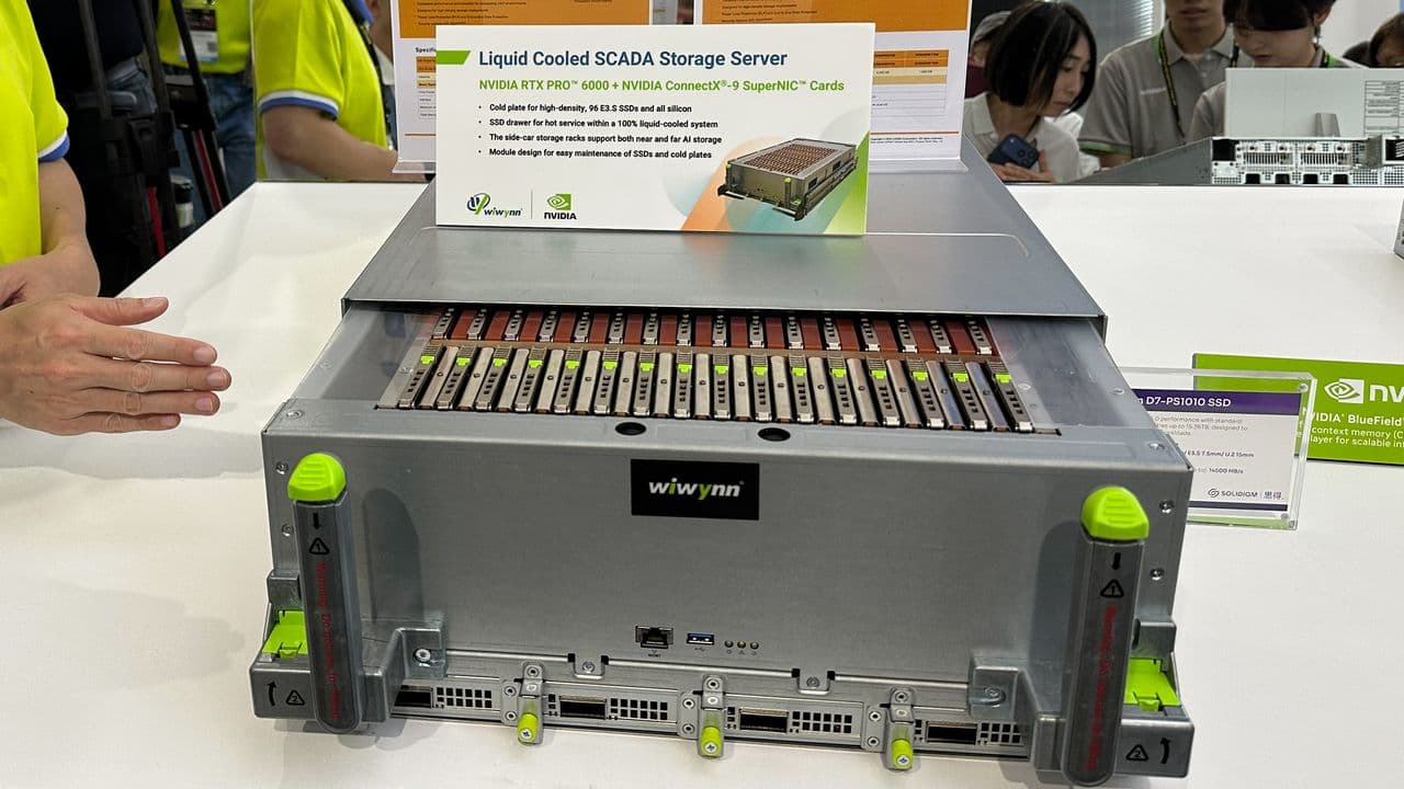 Liquid-cooled server rack with 96 SSDs and four RTX Pro 6000 GPUs at Computex 2026