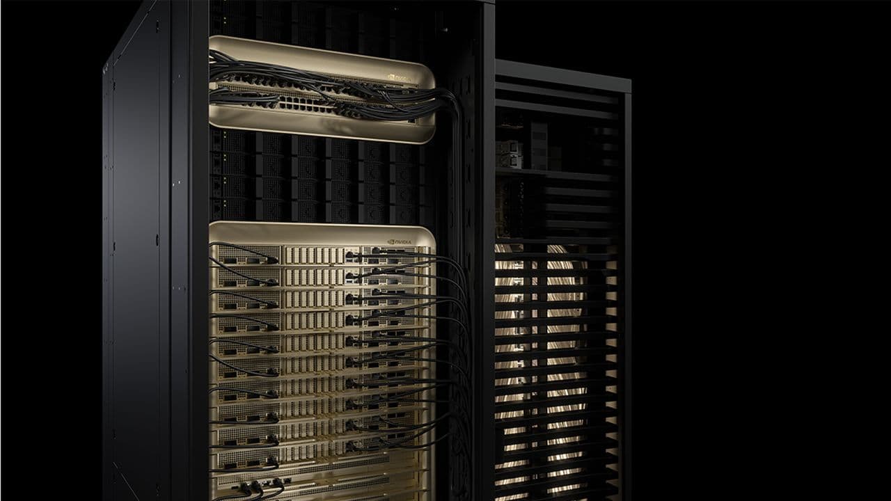 Rack of Nvidia AI servers with cooling tubes in a data center, engineers inspecting hardware as prices rise for…