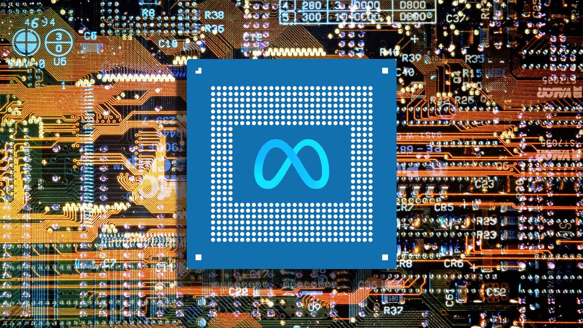 A close-up of a Meta custom AI chip on a circuit board, surrounded by data center server components and cooling fins