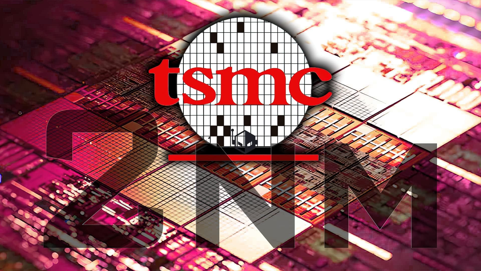 TSMC logo on a sign in front of a modern semiconductor fabrication facility, with clean exterior and blue sky