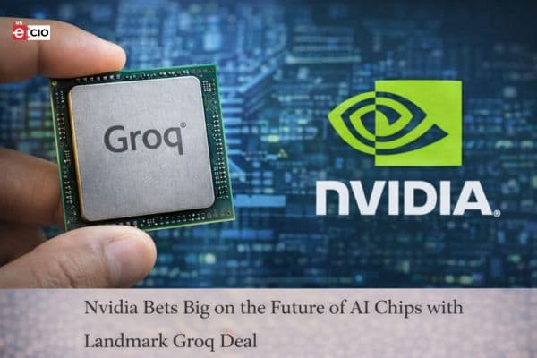 Two executives in suits shaking hands in a modern office, with a large Nvidia logo on a screen behind them and a…