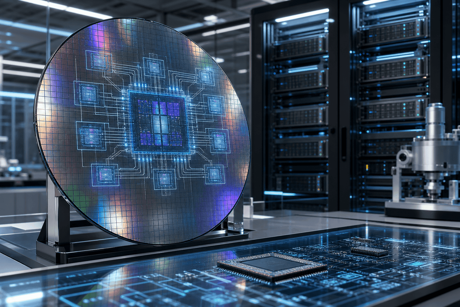 Chinese AI engineers in a clean lab examine a silicon wafer, with chip design blueprints on a nearby monitor…
