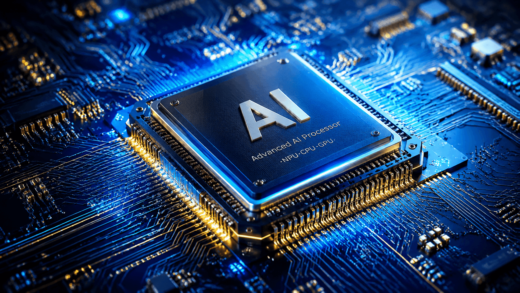 Close-up of a glossy black 14nm AI chip with intricate circuit patterns, labeled 'China AI Processor 520 TFLOPS'…