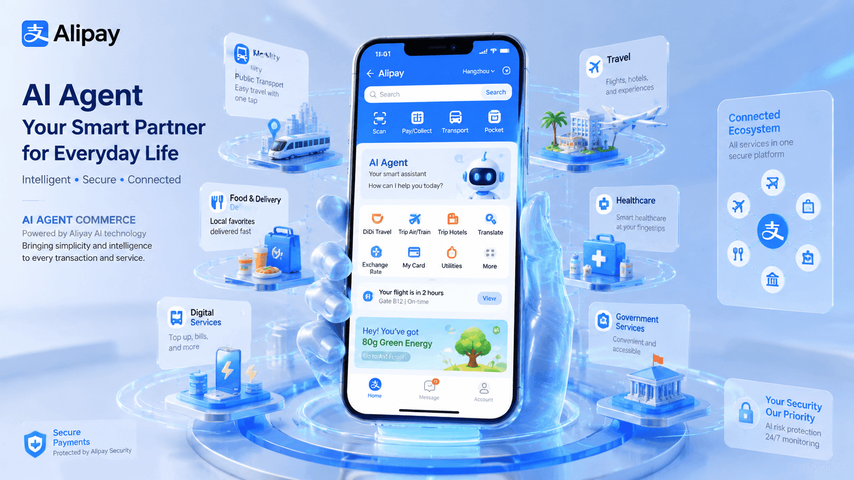 Merchant services displayed as plug-in modules on a smartphone screen with Alipay's AI platform interface…