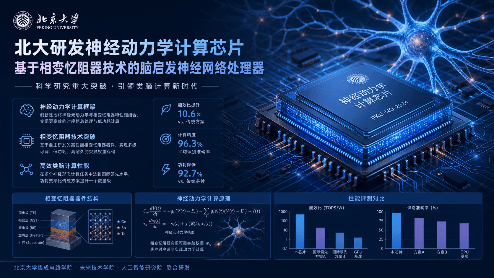 A Peking University researcher points to a phase-change memristor chip on a test board, with latency and speedup…