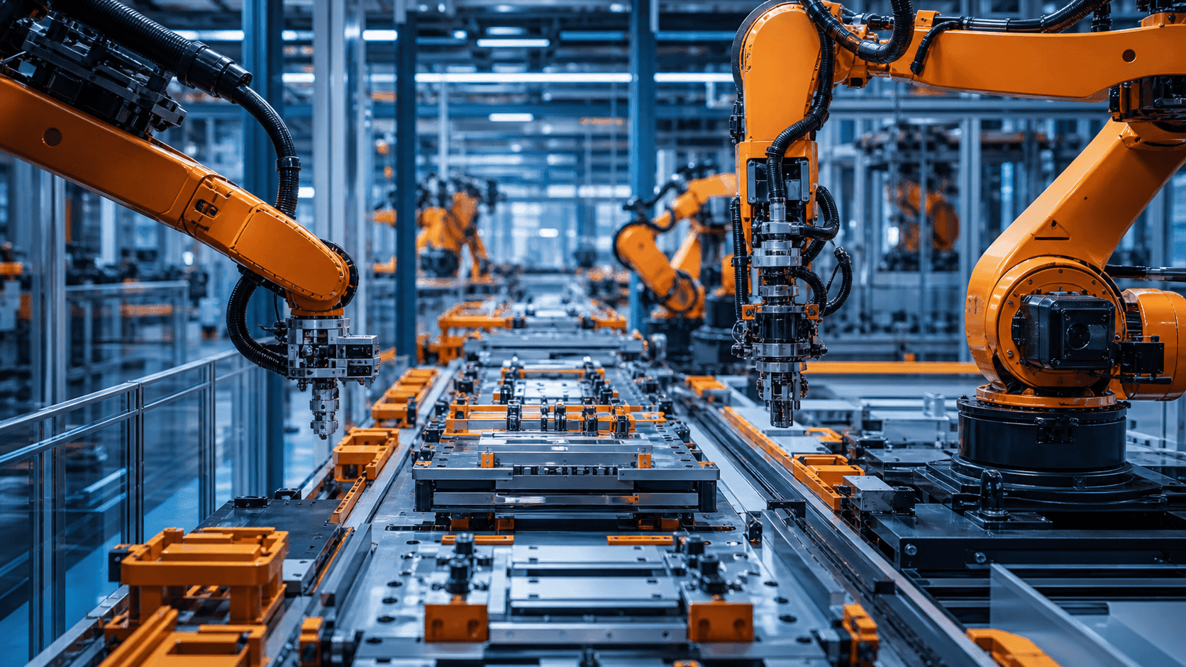 Simplexity Robotics i7 Pro robots on a factory production line, with multiple units positioned near industrial…