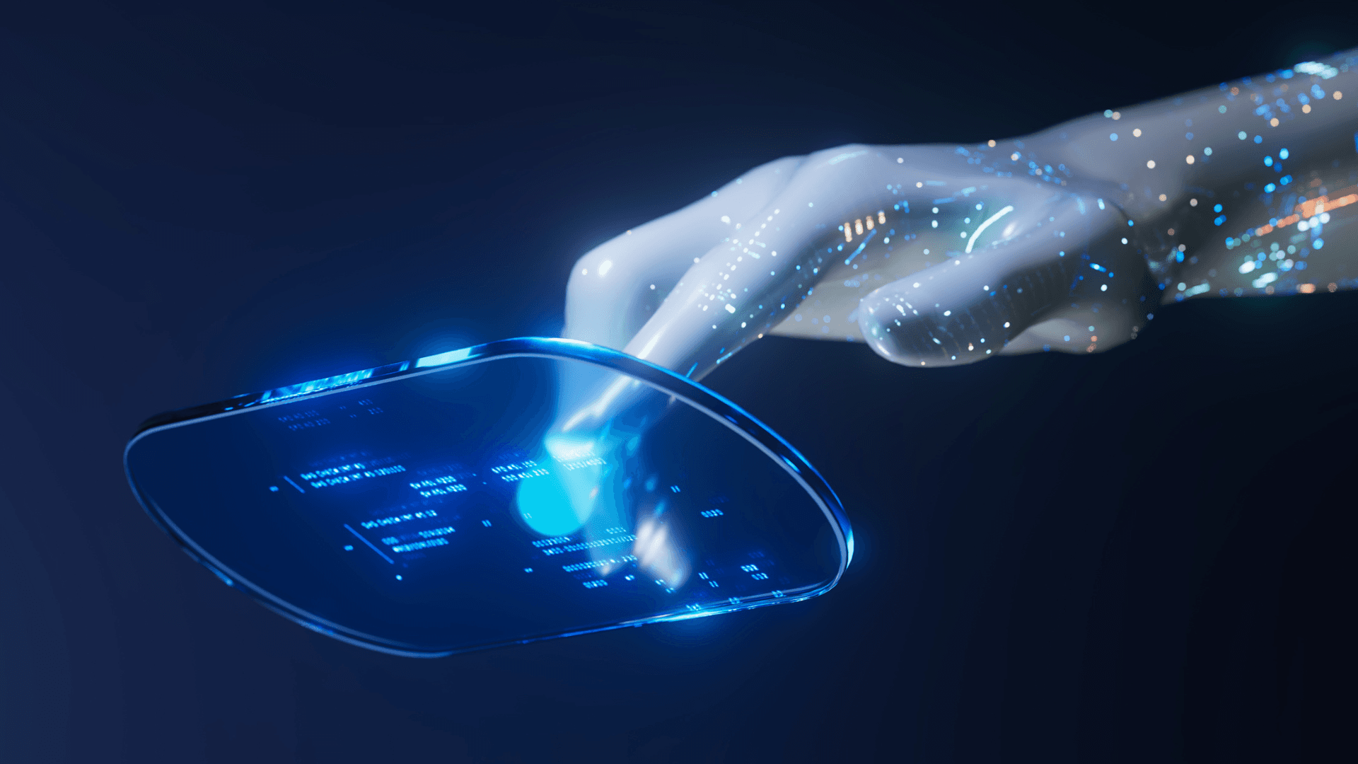 A sleek robotic hand extending toward a glowing digital sales dashboard showing rising graphs and customer profiles…