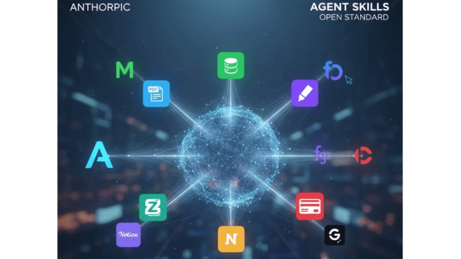 A laptop screen displays code and a network diagram, with a glowing AI brain icon hovering above the keyboard…