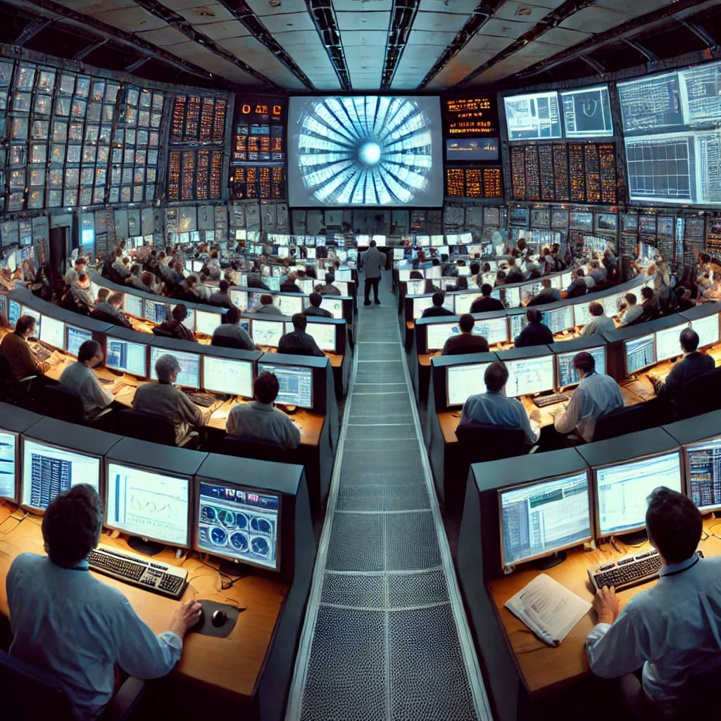 Large Hadron Collider tunnel with glowing blue detector components, scientists monitoring control room screens…
