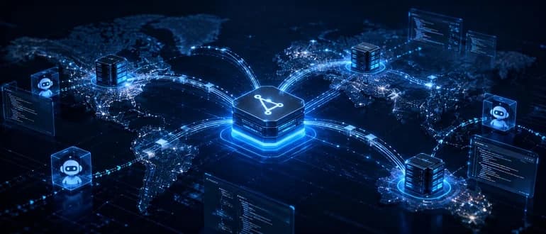 A sprawling network of interconnected nodes representing a distributed Git system, with code repositories linking to…