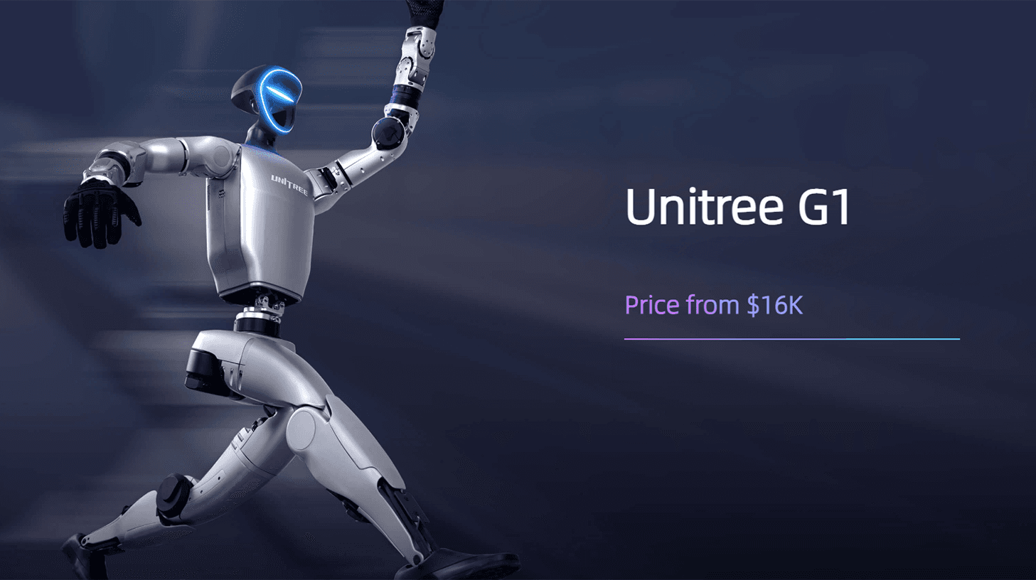 Unitree humanoid robot G1 standing in a lab, surrounded by data visualization screens and robotic arms