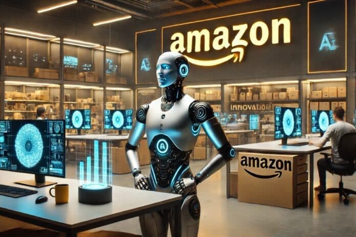 Amazon warehouse robots and AI-powered computer vision systems scanning shelves with packages, illustrating digital…