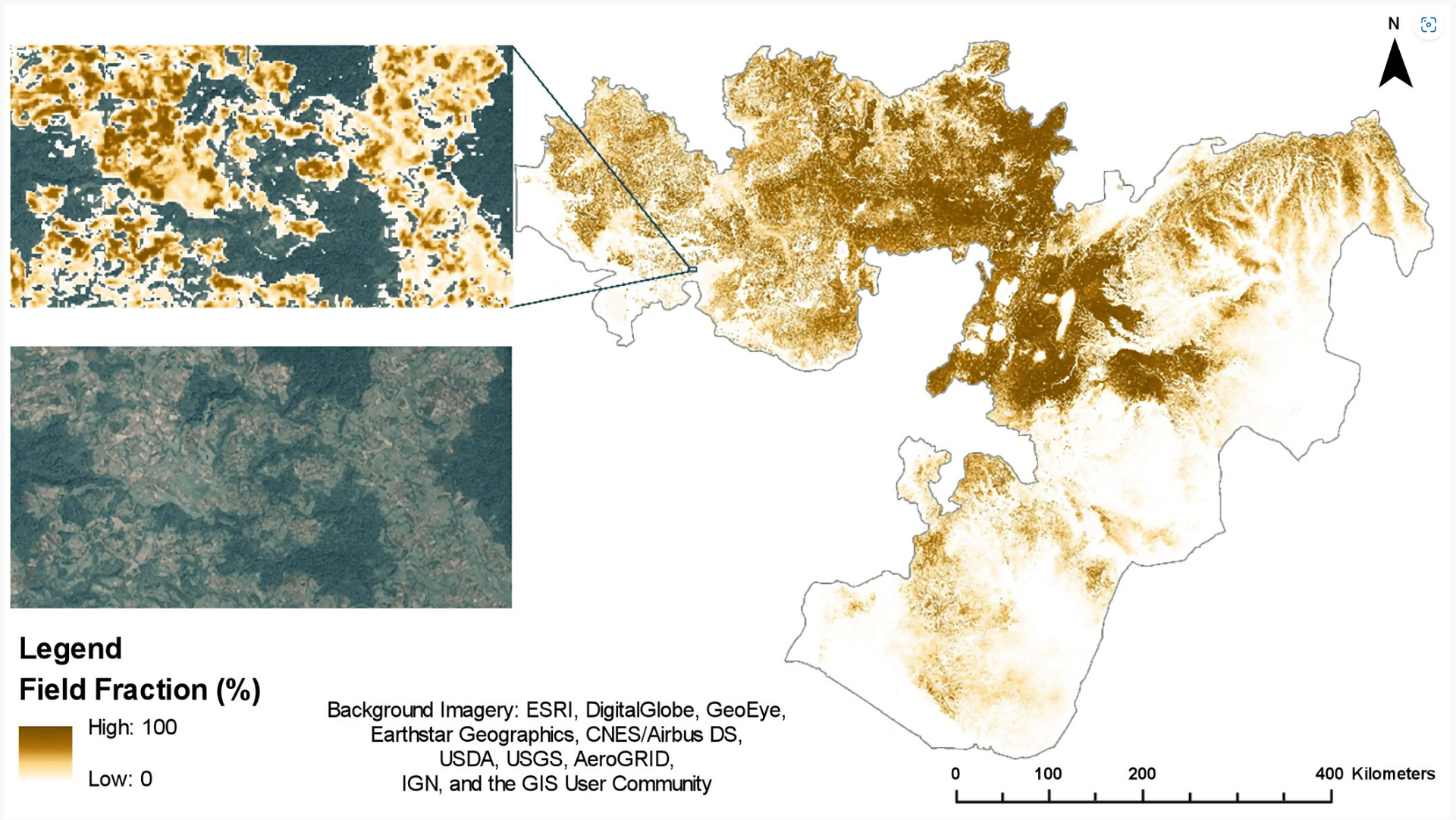 Satellite image of patchwork agricultural fields in various shades of green and brown, with geometric boundaries…
