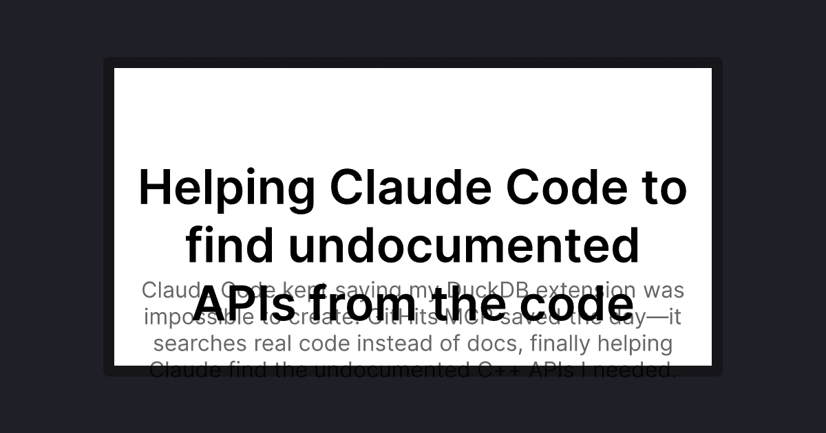 A developer at a terminal with AI code suggestions, DuckDB logo, and code snippets highlighting undocumented C++ APIs