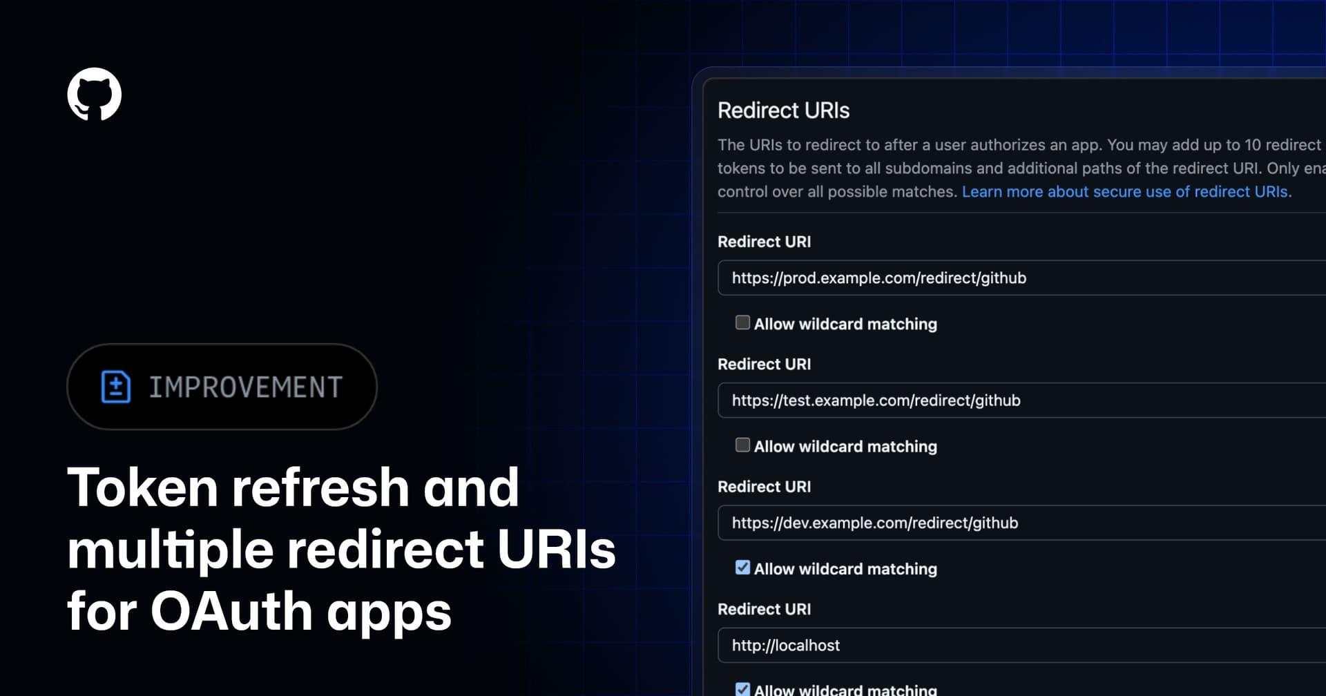 Developer laptop displaying GitHub OAuth configuration screen with token refresh and redirect settings visible