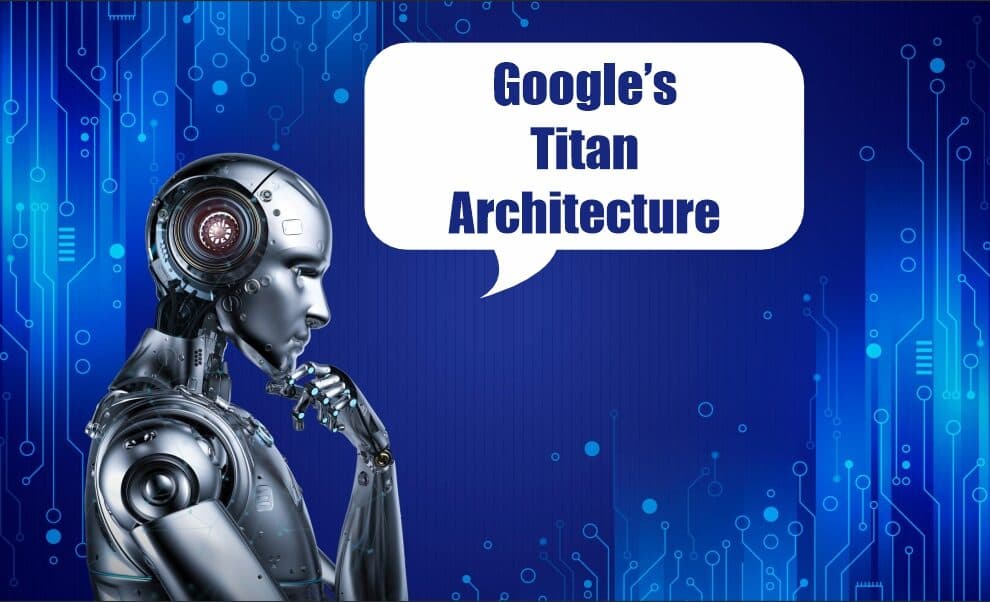 A Google logo overlay on a futuristic blue circuit board, with a central glowing AI processor node surrounded by…
