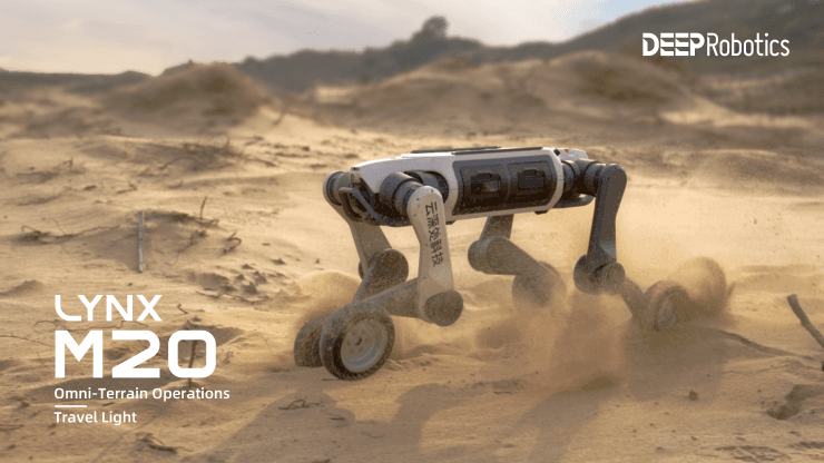 A four-legged robot with wheels on each foot moves across a muddy tea plantation, carrying cargo between rows of…