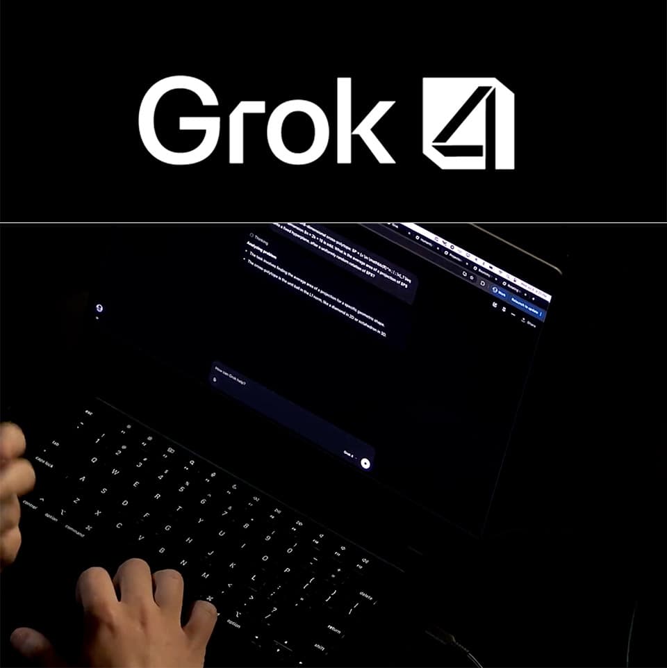 Elon Musk on stage at a tech event, pointing at a large screen displaying the Grok 4.20 logo and interface, with an…