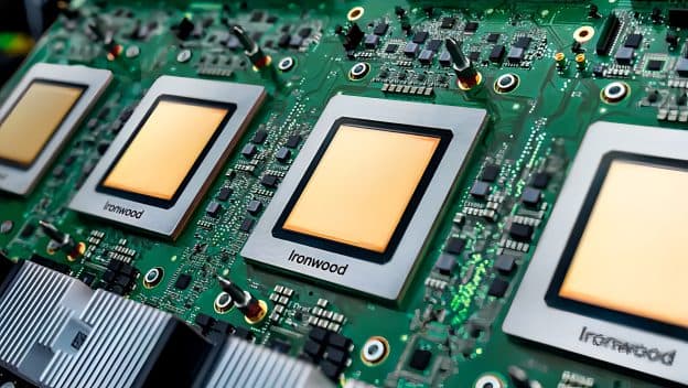 Broadcom and Google logos overlaid on a server rack with illuminated TPU accelerator chips, signaling a chip…